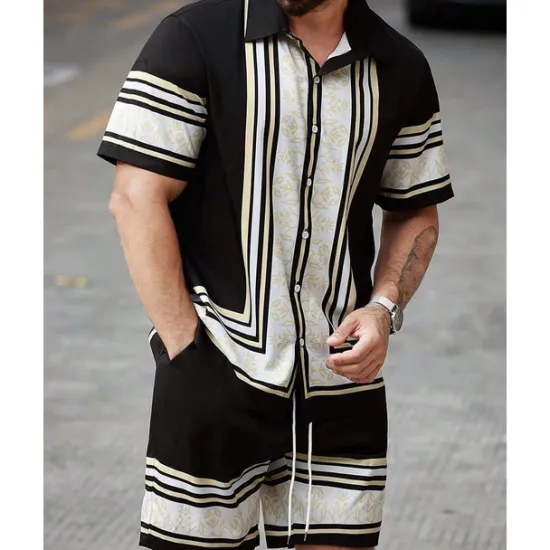 Discount OUKU Men's Shirt Suits T-shirt Suits 2 Pieces Outfits Tee & Shorts Short Sleeve Shirt Collar Summer Color Block Fashion Casual 2 Piece Vacation Daily Wear Going out Black Navy Blue Top Tee for Men