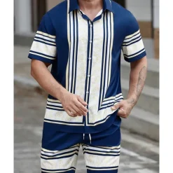 Discount OUKU Men's Shirt Suits T-shirt Suits 2 Pieces Outfits Tee & Shorts Short Sleeve Shirt Collar Summer Color Block Fashion Casual 2 Piece Vacation Daily Wear Going out Black Navy Blue Top Tee for Men