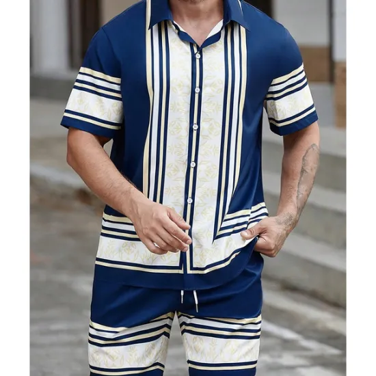 Discount OUKU Men's Shirt Suits T-shirt Suits 2 Pieces Outfits Tee & Shorts Short Sleeve Shirt Collar Summer Color Block Fashion Casual 2 Piece Vacation Daily Wear Going out Black Navy Blue Top Tee for Men