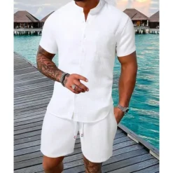 Clearance OUKU Men's Shirt Suits T-shirt Suits 2 Pieces Outfits Tee & Shorts Short Sleeve Standing Collar Summer Plain Fashion Casual 2 Piece Vacation Daily Wear Going out Black White Navy Blue Top Tee for Men