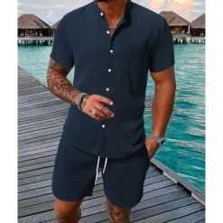 Clearance OUKU Men's Shirt Suits T-shirt Suits 2 Pieces Outfits Tee & Shorts Short Sleeve Standing Collar Summer Plain Fashion Casual 2 Piece Vacation Daily Wear Going out Black White Navy Blue Top Tee for Men