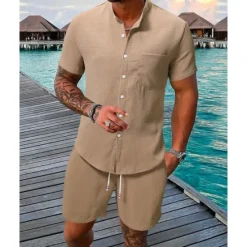 Clearance OUKU Men's Shirt Suits T-shirt Suits 2 Pieces Outfits Tee & Shorts Short Sleeve Standing Collar Summer Plain Fashion Casual 2 Piece Vacation Daily Wear Going out Black White Navy Blue Top Tee for Men