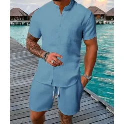 Clearance OUKU Men's Shirt Suits T-shirt Suits 2 Pieces Outfits Tee & Shorts Short Sleeve Standing Collar Summer Plain Fashion Casual 2 Piece Vacation Daily Wear Going out Black White Navy Blue Top Tee for Men
