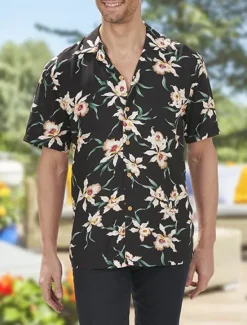 OUKU Men's Shirt Summer Hawaiian Shirt Button Up Shirt Casual Shirt Camp Collar Shirt Graphic Prints Flower / Floral Turndown Black Red Street Holiday Short Sleeve Button Print Clothing Apparel Tropical