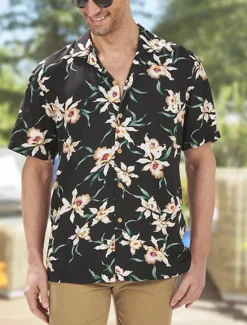 OUKU Men's Shirt Summer Hawaiian Shirt Button Up Shirt Casual Shirt Camp Collar Shirt Graphic Prints Flower / Floral Turndown Black Red Street Holiday Short Sleeve Button Print Clothing Apparel Tropical