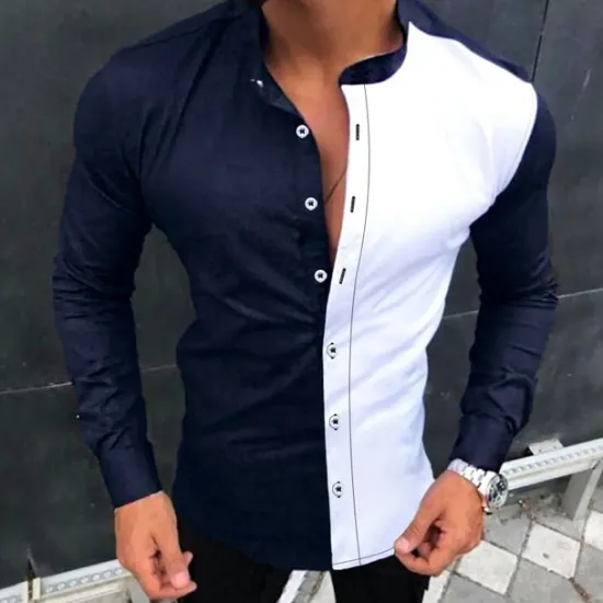 Online OUKU Men's Shirt Summer Shirt Button Up Shirt Black-White Dark Navy Green Long Sleeve Color Block Stand Collar Street Daily Button-Down Clothing Apparel Fashion Casual Comfortable