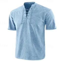 Best OUKU Men's Shirt Summer Shirt Beach Wear Casual Shirt Black Wine Army Green Navy Blue Blue Short Sleeve Plain Solid Colored Stand Collar Outdoor Street Lace up Clothing Apparel Fashion Casual Breathable
