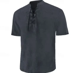 Best OUKU Men's Shirt Summer Shirt Beach Wear Casual Shirt Black Wine Army Green Navy Blue Blue Short Sleeve Plain Solid Colored Stand Collar Outdoor Street Lace up Clothing Apparel Fashion Casual Breathable