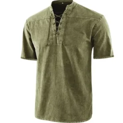 Best OUKU Men's Shirt Summer Shirt Beach Wear Casual Shirt Black Wine Army Green Navy Blue Blue Short Sleeve Plain Solid Colored Stand Collar Outdoor Street Lace up Clothing Apparel Fashion Casual Breathable