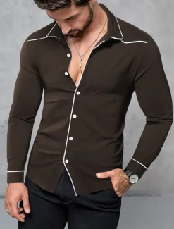 Hot OUKU Men's Shirt Summer Shirt Button Up Shirt Casual Shirt Black Wine Dark Blue Coffee Long Sleeve Plain Lapel Daily Vacation Clothing Apparel Fashion Casual Comfortable