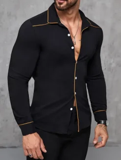 Hot OUKU Men's Shirt Summer Shirt Button Up Shirt Casual Shirt Black Wine Dark Blue Coffee Long Sleeve Plain Lapel Daily Vacation Clothing Apparel Fashion Casual Comfortable