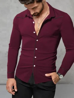 Hot OUKU Men's Shirt Summer Shirt Button Up Shirt Casual Shirt Black Wine Dark Blue Coffee Long Sleeve Plain Lapel Daily Vacation Clothing Apparel Fashion Casual Comfortable