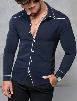 Hot OUKU Men's Shirt Summer Shirt Button Up Shirt Casual Shirt Black Wine Dark Blue Coffee Long Sleeve Plain Lapel Daily Vacation Clothing Apparel Fashion Casual Comfortable