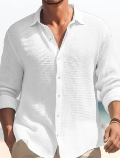OUKU Men's Shirt Summer Shirt Button Up Shirt Casual Shirt Waffle Shirt Black White Blue khaki Long Sleeve Plain Lapel Daily Vacation Clothing Apparel Fashion Casual Comfortable