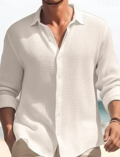 OUKU Men's Shirt Summer Shirt Button Up Shirt Casual Shirt Waffle Shirt Black White Blue khaki Long Sleeve Plain Lapel Daily Vacation Clothing Apparel Fashion Casual Comfortable