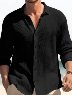 OUKU Men's Shirt Summer Shirt Button Up Shirt Casual Shirt Waffle Shirt Black White Blue khaki Long Sleeve Plain Lapel Daily Vacation Clothing Apparel Fashion Casual Comfortable