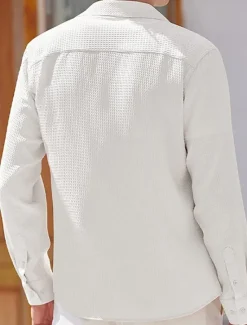 OUKU Men's Shirt Summer Shirt Button Up Shirt Casual Shirt Waffle Shirt Black White Blue khaki Long Sleeve Plain Lapel Daily Vacation Clothing Apparel Fashion Casual Comfortable