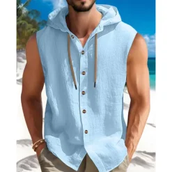 New OUKU Men's Shirt Summer Shirt Beach Wear Button Up Shirt Plain Vacation Curise Black White Blue Khaki Sleeveless Hooded Summer Spring Clothing Apparel