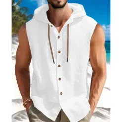 New OUKU Men's Shirt Summer Shirt Beach Wear Button Up Shirt Plain Vacation Curise Black White Blue Khaki Sleeveless Hooded Summer Spring Clothing Apparel
