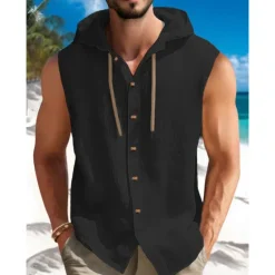 New OUKU Men's Shirt Summer Shirt Beach Wear Button Up Shirt Plain Vacation Curise Black White Blue Khaki Sleeveless Hooded Summer Spring Clothing Apparel