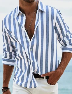 OUKU Men's Shirt Summer Shirt Beach Wear Button Up Shirt Light Pink Black Pink Sky Blue Dark Grey Long Sleeve Striped Collar Vacation Curise Clothing Apparel Fashion Leisure Hawaiian