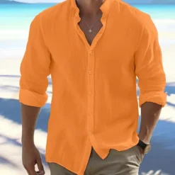 OUKU Men's Shirt Summer Shirt Beach Wear Button Up Shirt Black White Pink Red Long Sleeve Plain Band Collar Spring & Summer Casual Daily Clothing Apparel 100% Cotton