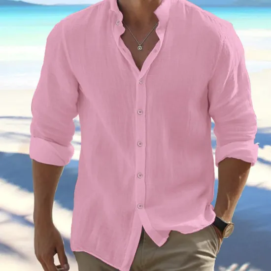 OUKU Men's Shirt Summer Shirt Beach Wear Button Up Shirt Black White Pink Red Long Sleeve Plain Band Collar Spring & Summer Casual Daily Clothing Apparel 100% Cotton