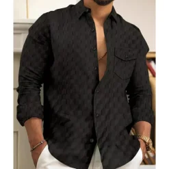 Online OUKU Men's Shirt Summer Shirt Button Up Shirt Casual Shirt Beach Shirt Black White Light Green Sky Blue Dark Green Long Sleeve Plain Lapel Hawaiian Holiday Jacquard Clothing Apparel Fashion Casual