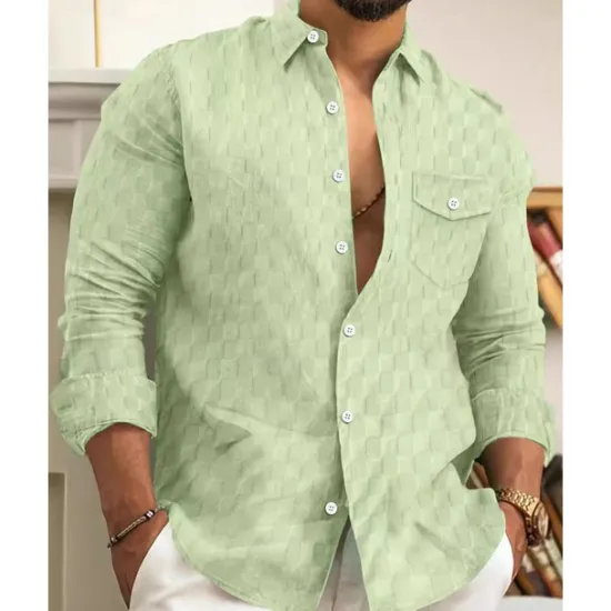 Online OUKU Men's Shirt Summer Shirt Button Up Shirt Casual Shirt Beach Shirt Black White Light Green Sky Blue Dark Green Long Sleeve Plain Lapel Hawaiian Holiday Jacquard Clothing Apparel Fashion Casual