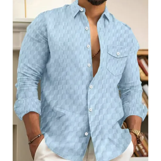 Online OUKU Men's Shirt Summer Shirt Button Up Shirt Casual Shirt Beach Shirt Black White Light Green Sky Blue Dark Green Long Sleeve Plain Lapel Hawaiian Holiday Jacquard Clothing Apparel Fashion Casual
