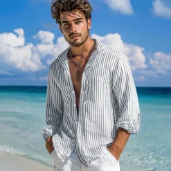 Clearance OUKU Men's Shirt Summer Shirt Beach Wear Button Up Shirt Casual Shirt Striped Shirt Pink Green Dark Gray Light Blue Long Sleeve Plain Band Collar Daily Vacation Splice Clothing Apparel Fashion Casual