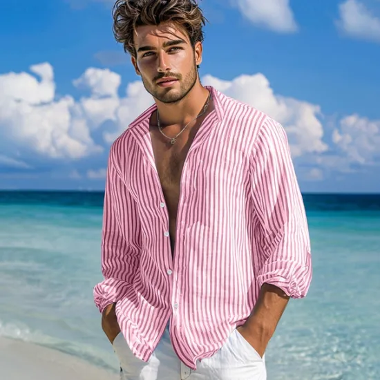 Clearance OUKU Men's Shirt Summer Shirt Beach Wear Button Up Shirt Casual Shirt Striped Shirt Pink Green Dark Gray Light Blue Long Sleeve Plain Band Collar Daily Vacation Splice Clothing Apparel Fashion Casual