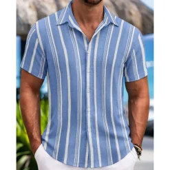 Discount OUKU Men's Shirt Summer Shirt Beach Wear Button Up Shirt Casual Shirt Black Blue Green Short Sleeve Striped Collar Daily Vacation Clothing Apparel Fashion Casual Comfortable