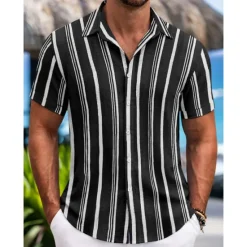 Discount OUKU Men's Shirt Summer Shirt Beach Wear Button Up Shirt Casual Shirt Black Blue Green Short Sleeve Striped Collar Daily Vacation Clothing Apparel Fashion Casual Comfortable