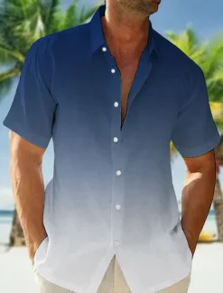 Online OUKU Men's Shirt Summer Shirt Beach Wear Casual Shirt Button Up Shirt Untucked Shirts Pink Navy Blue Blue Orange Green Short Sleeve Gradient Lapel Vacation Casual Clothing Apparel Fashion Comfortable
