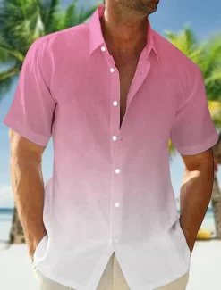 Online OUKU Men's Shirt Summer Shirt Beach Wear Casual Shirt Button Up Shirt Untucked Shirts Pink Navy Blue Blue Orange Green Short Sleeve Gradient Lapel Vacation Casual Clothing Apparel Fashion Comfortable