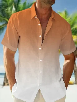 Online OUKU Men's Shirt Summer Shirt Beach Wear Casual Shirt Button Up Shirt Untucked Shirts Pink Navy Blue Blue Orange Green Short Sleeve Gradient Lapel Vacation Casual Clothing Apparel Fashion Comfortable