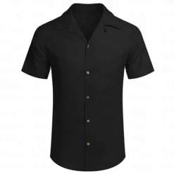 Hot OUKU Men's Shirt Summer Shirt Beach Wear Button Up Shirt Black White Pink Blue Khaki Short Sleeve Plain Lapel Vacation Casual Clothing Apparel Cotton And Linen Fashion Comfortable