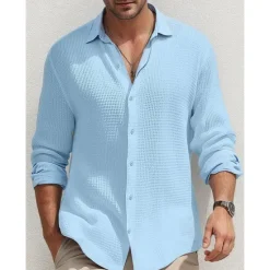 Online OUKU Men's Shirt Summer Shirt Button Up Shirt Casual Shirt Waffle Shirt Black White Blue khaki Long Sleeve Plain Lapel Daily Vacation Clothing Apparel Fashion Casual Comfortable