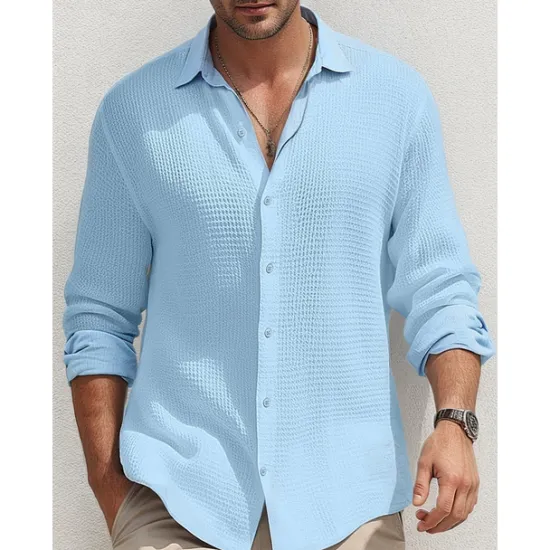 Online OUKU Men's Shirt Summer Shirt Button Up Shirt Casual Shirt Waffle Shirt Black White Blue khaki Long Sleeve Plain Lapel Daily Vacation Clothing Apparel Fashion Casual Comfortable
