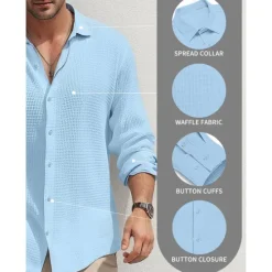 Online OUKU Men's Shirt Summer Shirt Button Up Shirt Casual Shirt Waffle Shirt Black White Blue khaki Long Sleeve Plain Lapel Daily Vacation Clothing Apparel Fashion Casual Comfortable