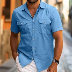 Hot OUKU Men's Shirt Summer Shirt Beach Wear Button Up Shirt Casual Shirt Black White Yellow Blue Dark Green Short Sleeve Solid Color Lapel Daily Vacation Pocket Clothing Apparel Fashion Casual Comfortable