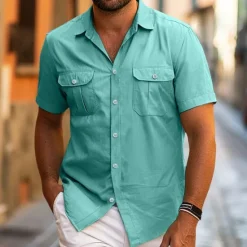 Hot OUKU Men's Shirt Summer Shirt Beach Wear Button Up Shirt Casual Shirt Black White Yellow Blue Dark Green Short Sleeve Solid Color Lapel Daily Vacation Pocket Clothing Apparel Fashion Casual Comfortable