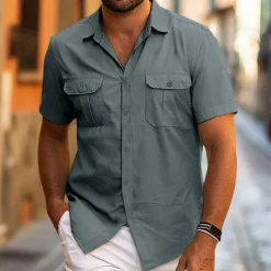 Hot OUKU Men's Shirt Summer Shirt Beach Wear Button Up Shirt Casual Shirt Black White Yellow Blue Dark Green Short Sleeve Solid Color Lapel Daily Vacation Pocket Clothing Apparel Fashion Casual Comfortable