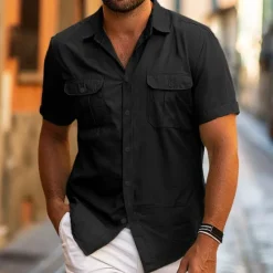 Hot OUKU Men's Shirt Summer Shirt Beach Wear Button Up Shirt Casual Shirt Black White Yellow Blue Dark Green Short Sleeve Solid Color Lapel Daily Vacation Pocket Clothing Apparel Fashion Casual Comfortable