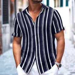 Hot OUKU Men's Shirt Summer Shirt Beach Wear Button Up Shirt Casual Shirt Navy Blue Blue Green Short Sleeve Stripes Lapel Daily Vacation Clothing Apparel Fashion Casual Comfortable
