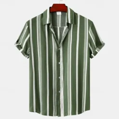 Hot OUKU Men's Shirt Summer Shirt Beach Wear Button Up Shirt Casual Shirt Navy Blue Blue Green Short Sleeve Stripes Lapel Daily Vacation Clothing Apparel Fashion Casual Comfortable