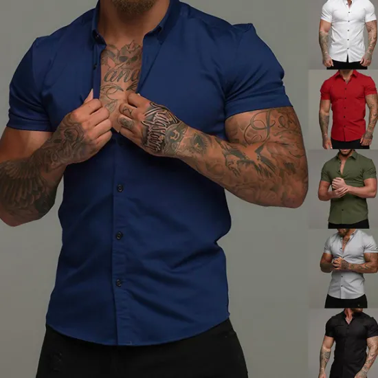 New OUKU Men's Shirt Summer Shirt Button Up Shirt Black White Red Blue Green Short Sleeve Plain Collar 3D Print Outdoor Casual Clothing Apparel Casual Slim Fit