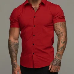 New OUKU Men's Shirt Summer Shirt Button Up Shirt Black White Red Blue Green Short Sleeve Plain Collar 3D Print Outdoor Casual Clothing Apparel Casual Slim Fit