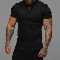 New OUKU Men's Shirt Summer Shirt Button Up Shirt Black White Red Blue Green Short Sleeve Plain Collar 3D Print Outdoor Casual Clothing Apparel Casual Slim Fit
